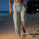 Men's Linen Trousers - Elastic Waist Drawstring Summer Trousers-Trousers-Chaps London-Khaki-XS-Chaps London