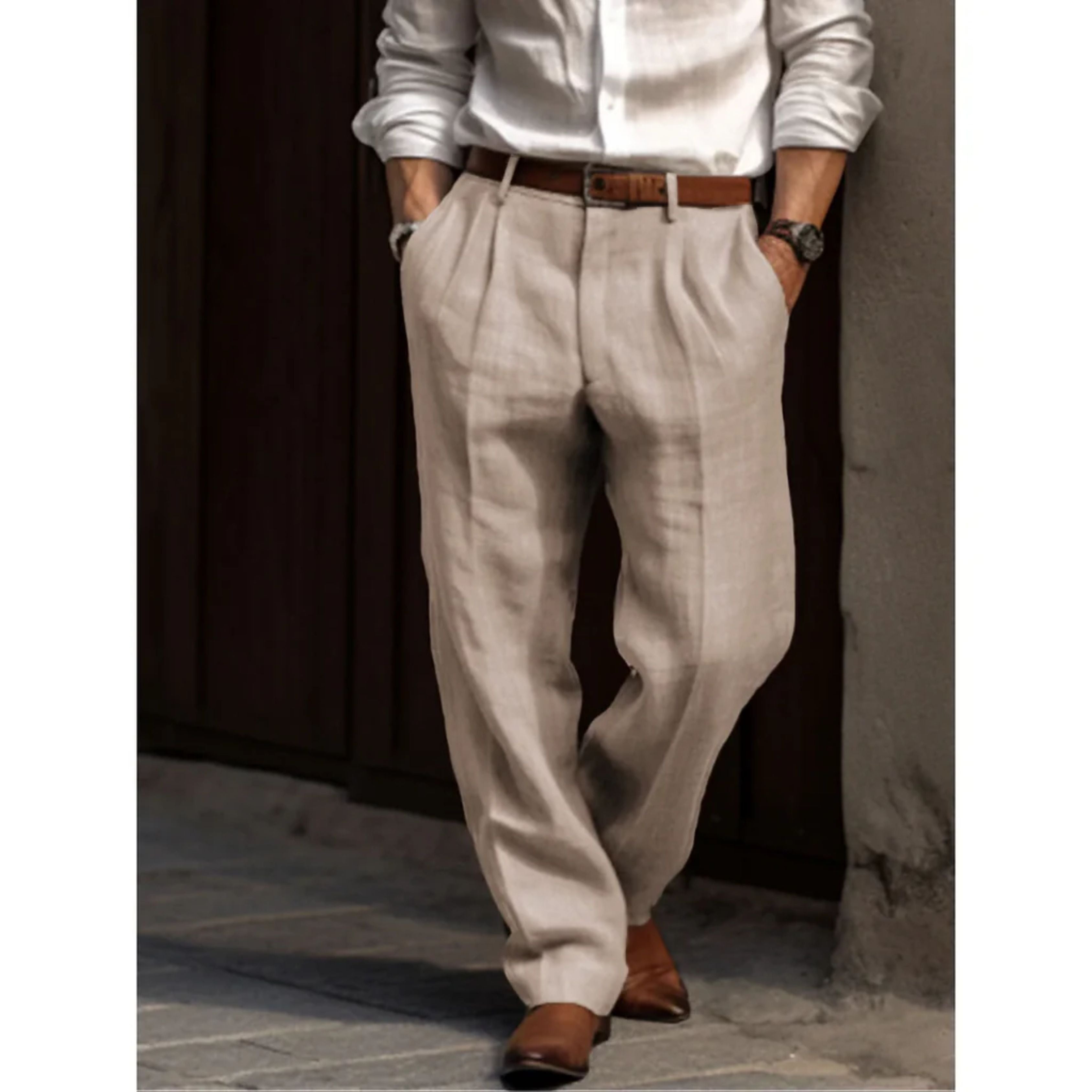 Men's Linen Trousers - Loose-Fit Pleated Summer Trousers-Trousers-Chaps London-Beige-S-Chaps London