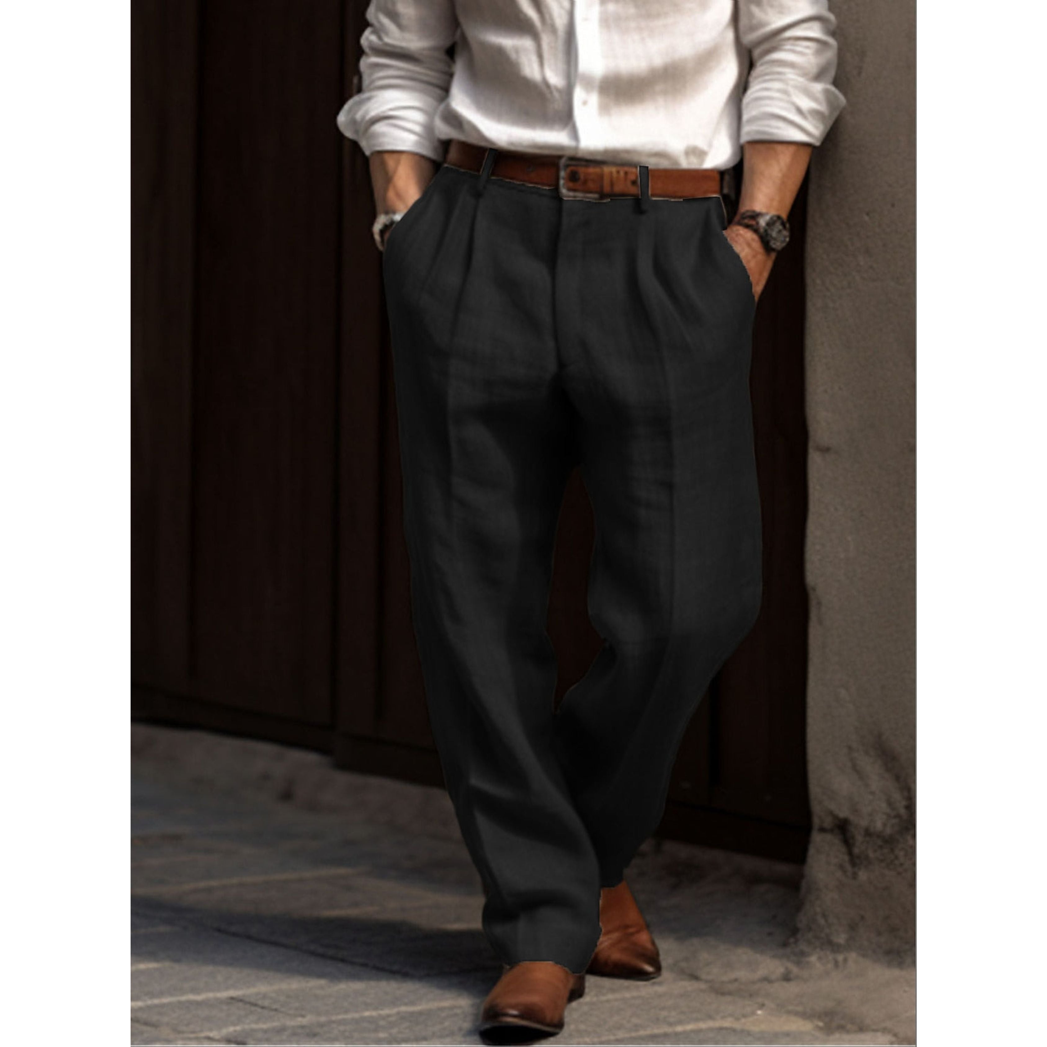 Men's Linen Trousers - Loose-Fit Pleated Summer Trousers-Trousers-Chaps London-Black-S-Chaps London