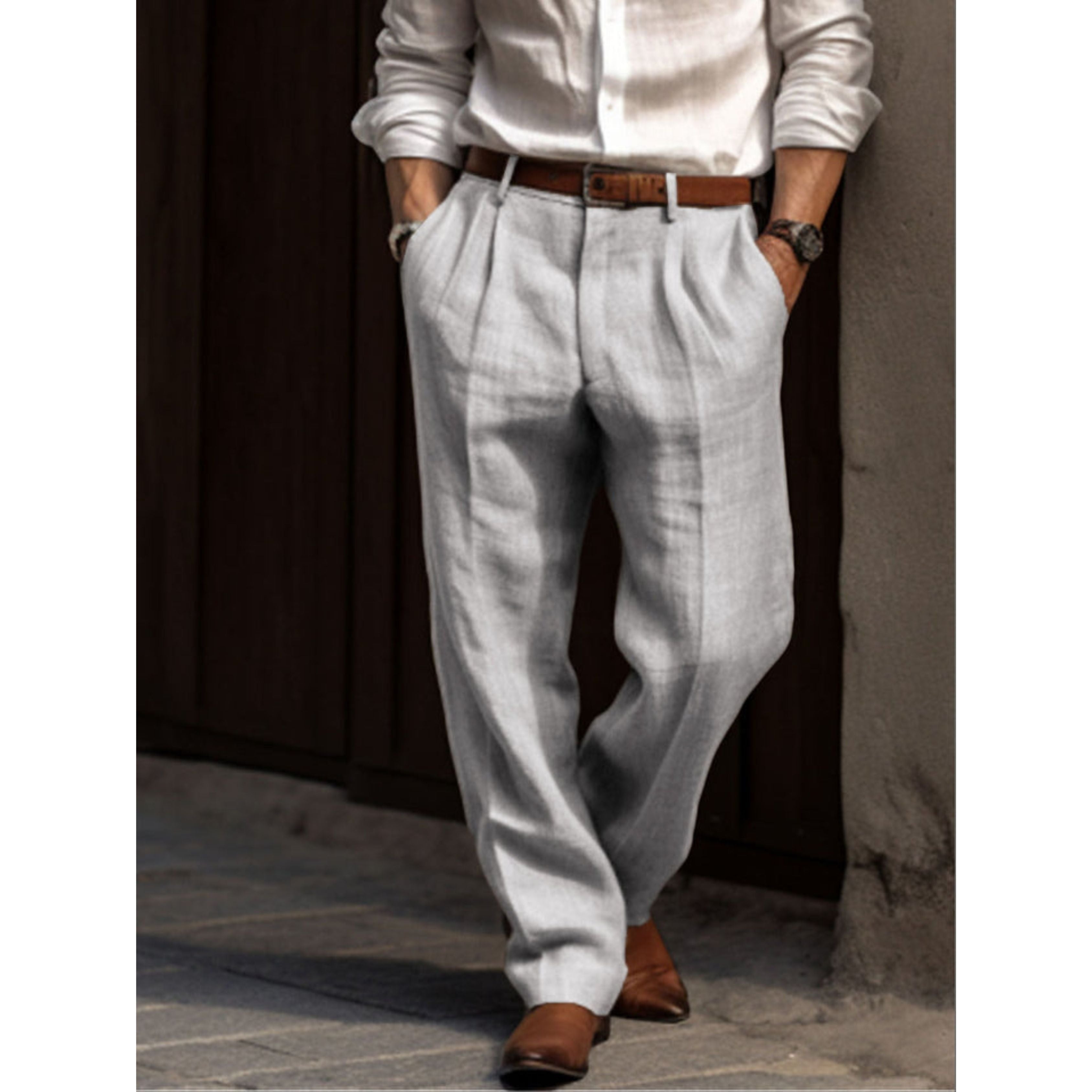 Men's Linen Trousers - Loose-Fit Pleated Summer Trousers-Trousers-Chaps London-Grey-S-Chaps London