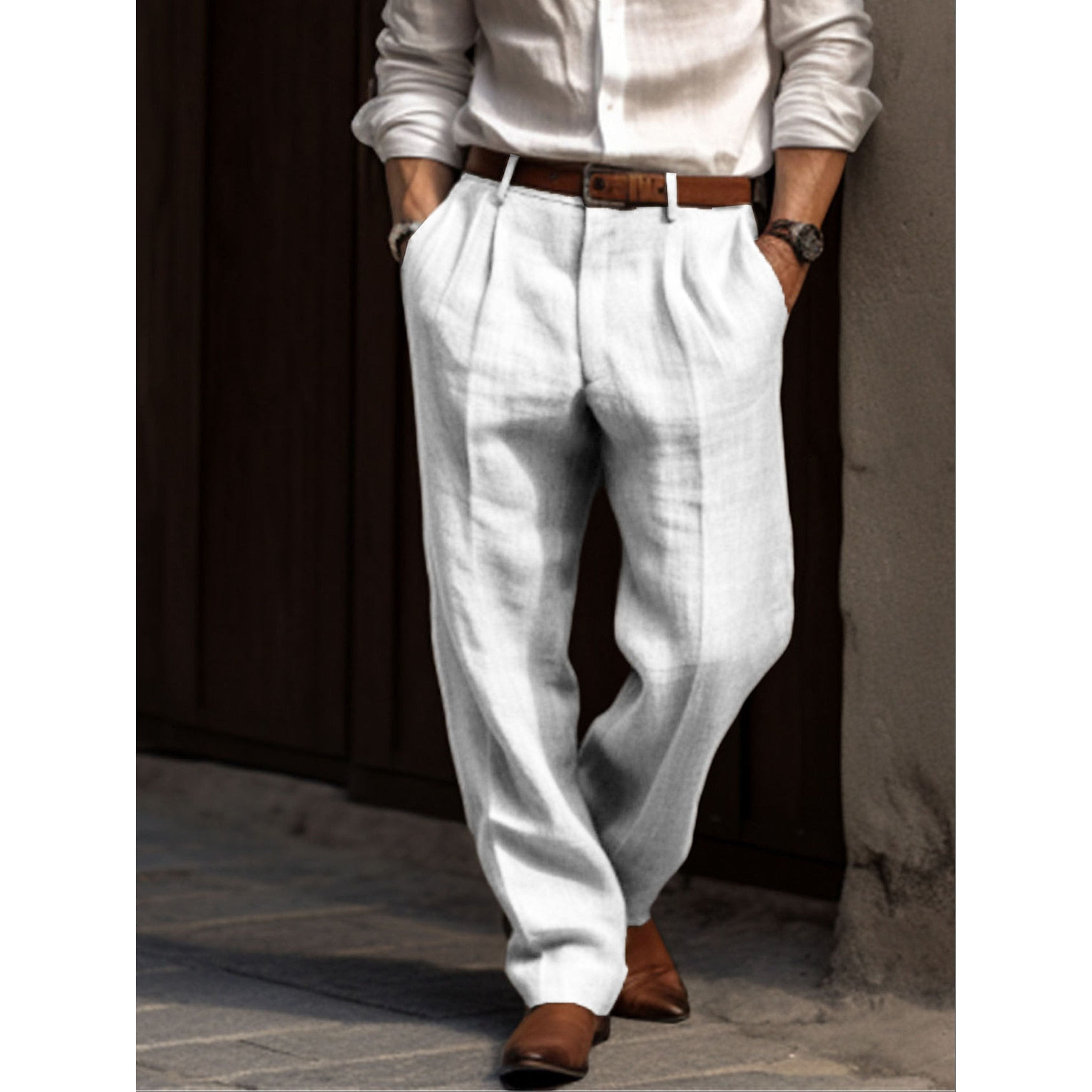 Men's Linen Trousers - Loose-Fit Pleated Summer Trousers-Trousers-Chaps London-White-S-Chaps London
