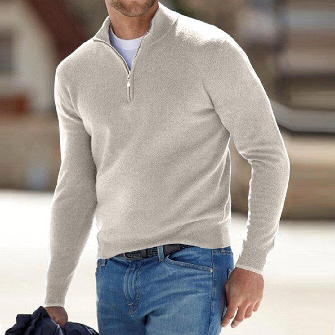 Men's Quarter Zip Sweater - Knitted - Pullover - Polo Jumper - Men's Half Zip Jumper -Fashion Men Sweater Pullover Fall-Chaps London-Beige-S-Chaps London