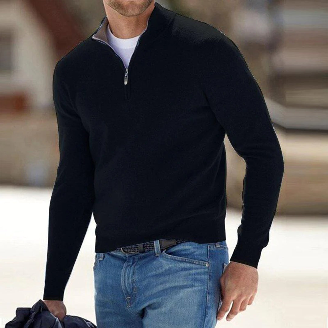 Men's Quarter Zip Sweater - Knitted - Pullover - Polo Jumper - Men's Half Zip Jumper -Fashion Men Sweater Pullover Fall-Chaps London-Black-S-Chaps London