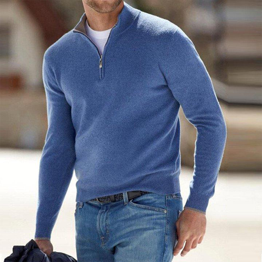 Men's Quarter Zip Sweater - Knitted - Pullover - Polo Jumper - Men's Half Zip Jumper -Fashion Men Sweater Pullover Fall-Chaps London-Blue-S-Chaps London