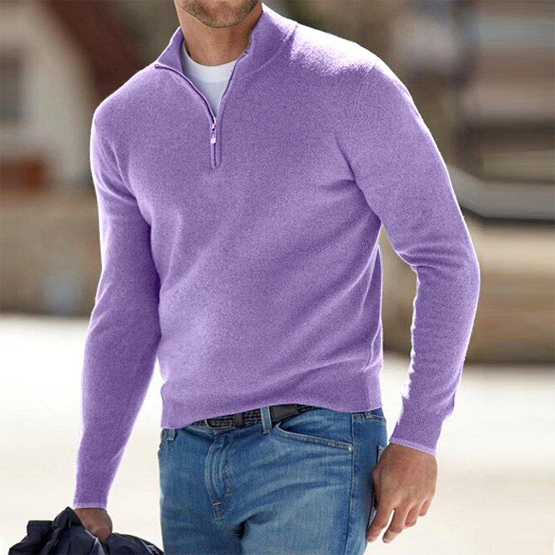 Men's Quarter Zip Sweater - Knitted - Pullover - Polo Jumper - Men's Half Zip Jumper -Fashion Men Sweater Pullover Fall-Chaps London-Light Purple-S-Chaps London