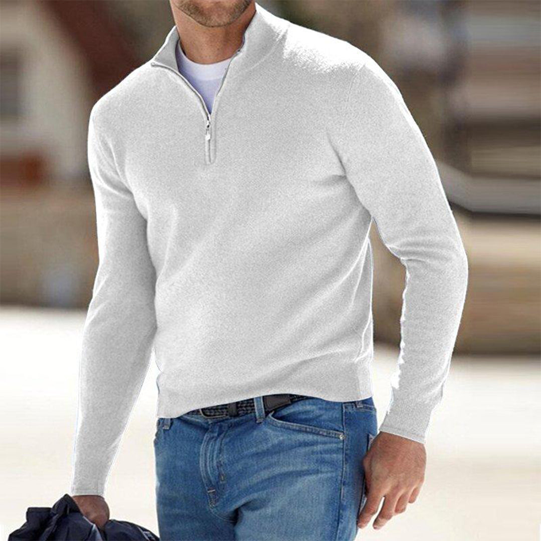 Men's Quarter Zip Sweater - Knitted - Pullover - Polo Jumper - Men's Half Zip Jumper -Fashion Men Sweater Pullover Fall-Chaps London-White-S-Chaps London