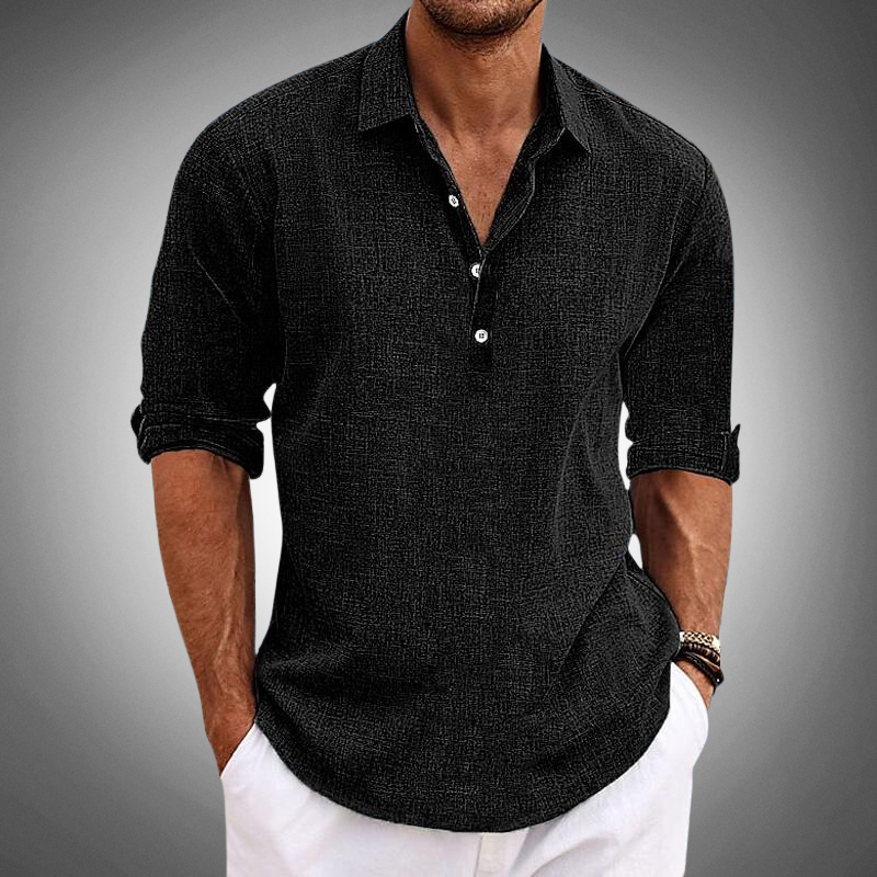 Men's Shirt - Half Button - Long Sleeve - Casual Shirt - Polo Shirt-Chaps London-Black-S-Chaps London