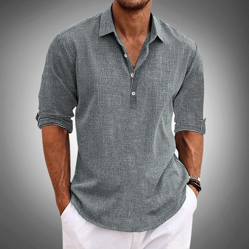 Men's Shirt - Half Button - Long Sleeve - Casual Shirt - Polo Shirt-Chaps London-Gray-S-Chaps London