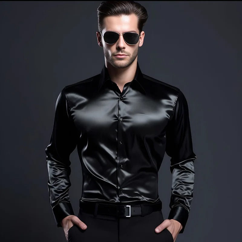 Men's Shirt | Long Sleeve | Slim Fit | Button-Up Shirt | Shiny Shirt-Shirt-Chaps London-Black-S-Chaps London