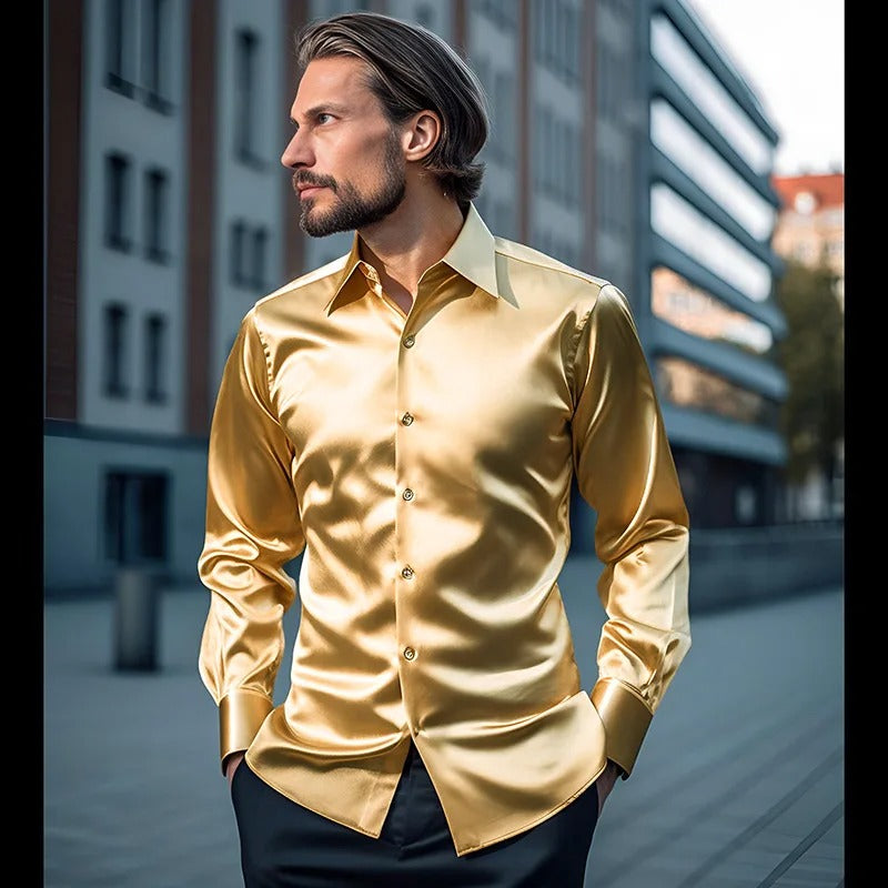 Men's Shirt | Long Sleeve | Slim Fit | Button-Up Shirt | Shiny Shirt-Shirt-Chaps London-Gold-S-Chaps London