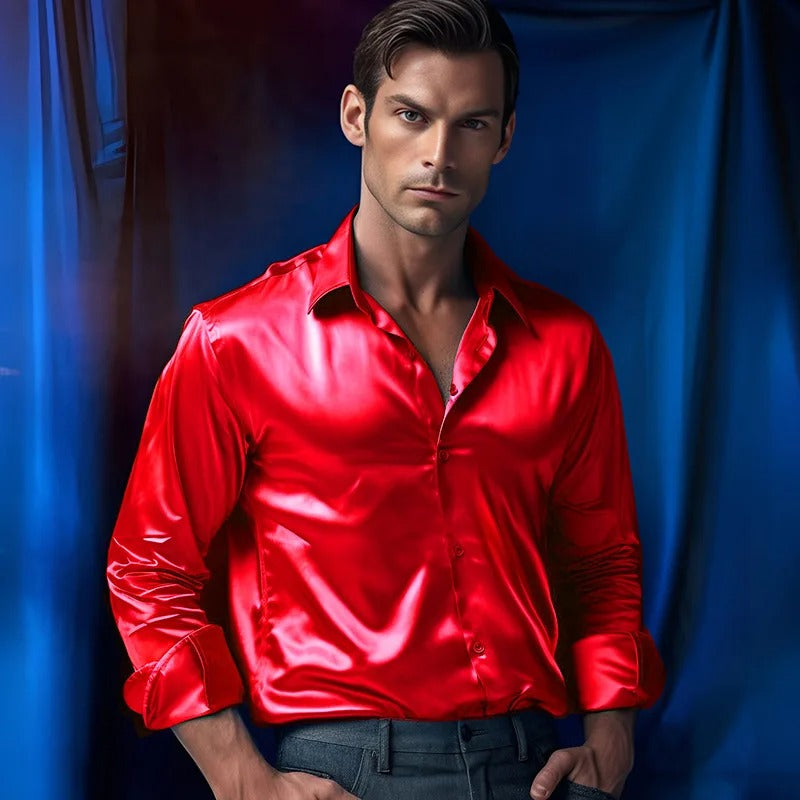 Men's Shirt | Long Sleeve | Slim Fit | Button-Up Shirt | Shiny Shirt-Shirt-Chaps London-Red-S-Chaps London