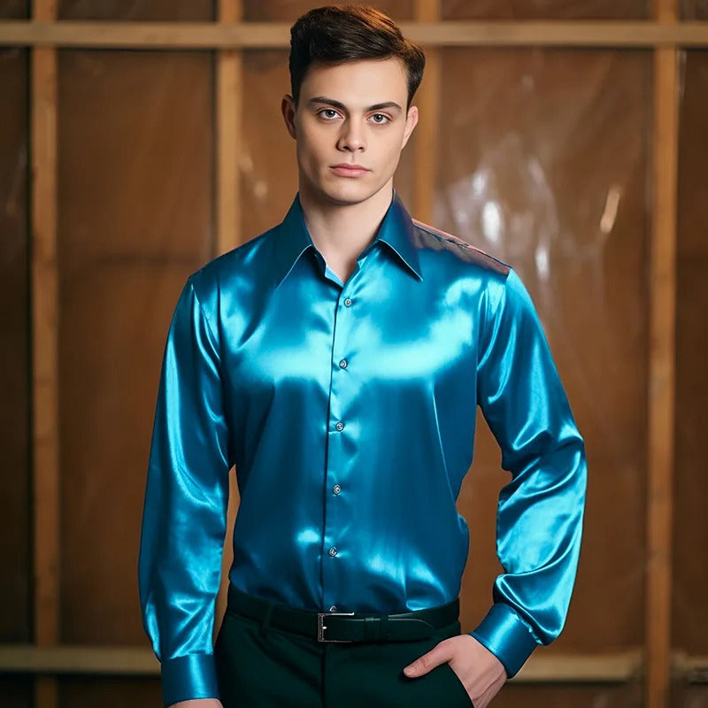 Men's Shirt | Long Sleeve | Slim Fit | Button-Up Shirt | Shiny Shirt-Shirt-Chaps London-Sky Blue-S-Chaps London