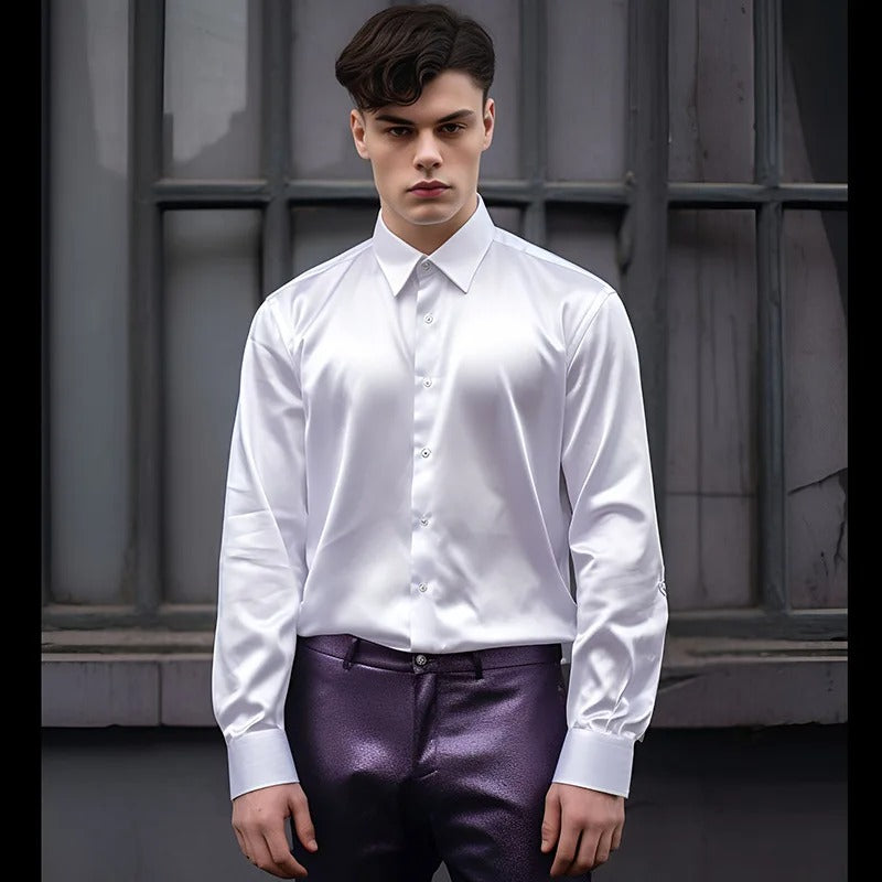 Men's Shirt | Long Sleeve | Slim Fit | Button-Up Shirt | Shiny Shirt-Shirt-Chaps London-White-S-Chaps London