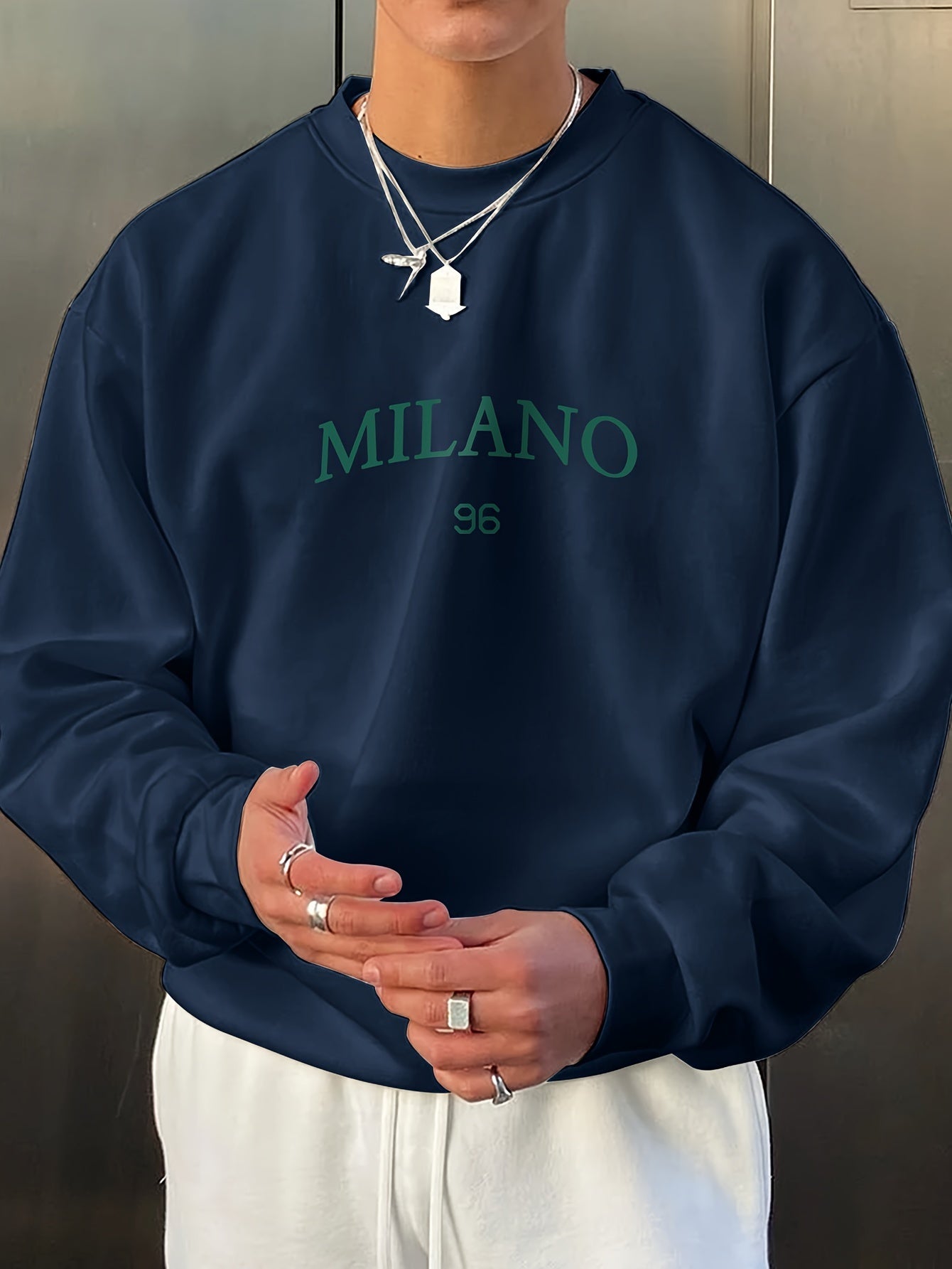 Men's Sweatshirt - Round Neck - Print - Oversized Sweatshirt - Oversized Pullover-Sweaters-Chaps London-Navy Blue-S-Chaps London