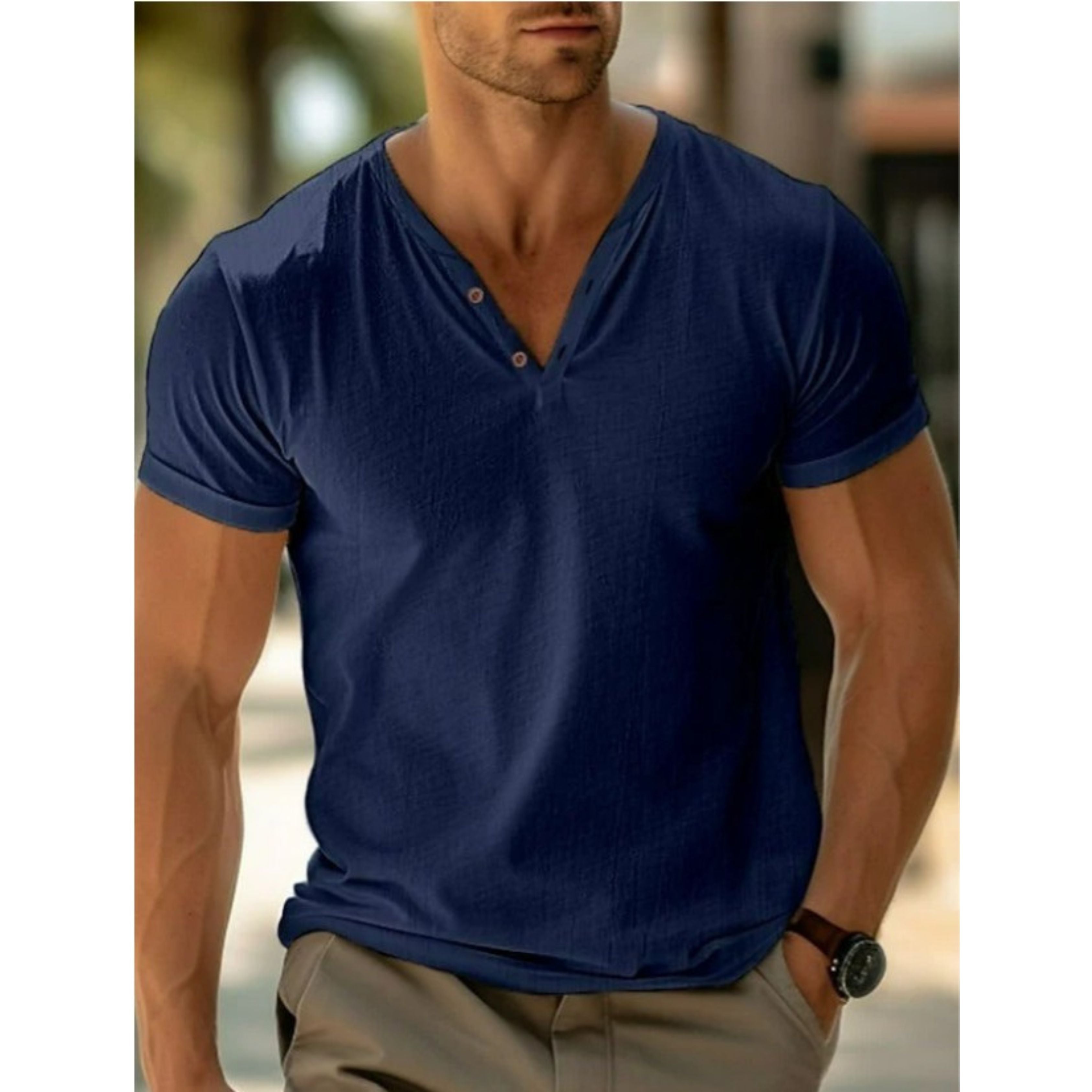 Men's T-Shirt - Plain Button V-Neck Henley T-Shirt for Summer-Chaps London-Blue-S-Chaps London