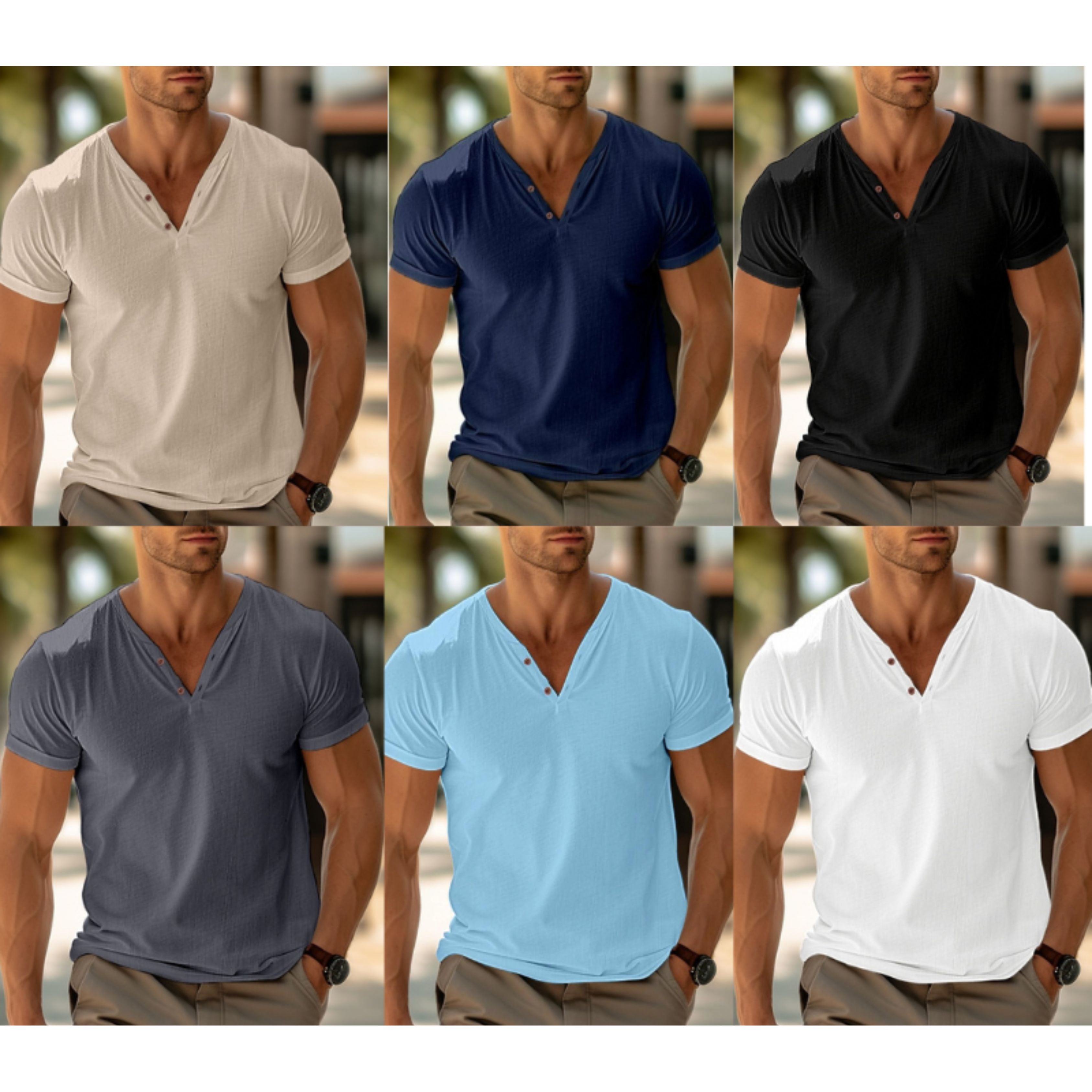 Men's T-Shirt - Plain Button V-Neck Henley T-Shirt for Summer-Chaps London-Chaps London