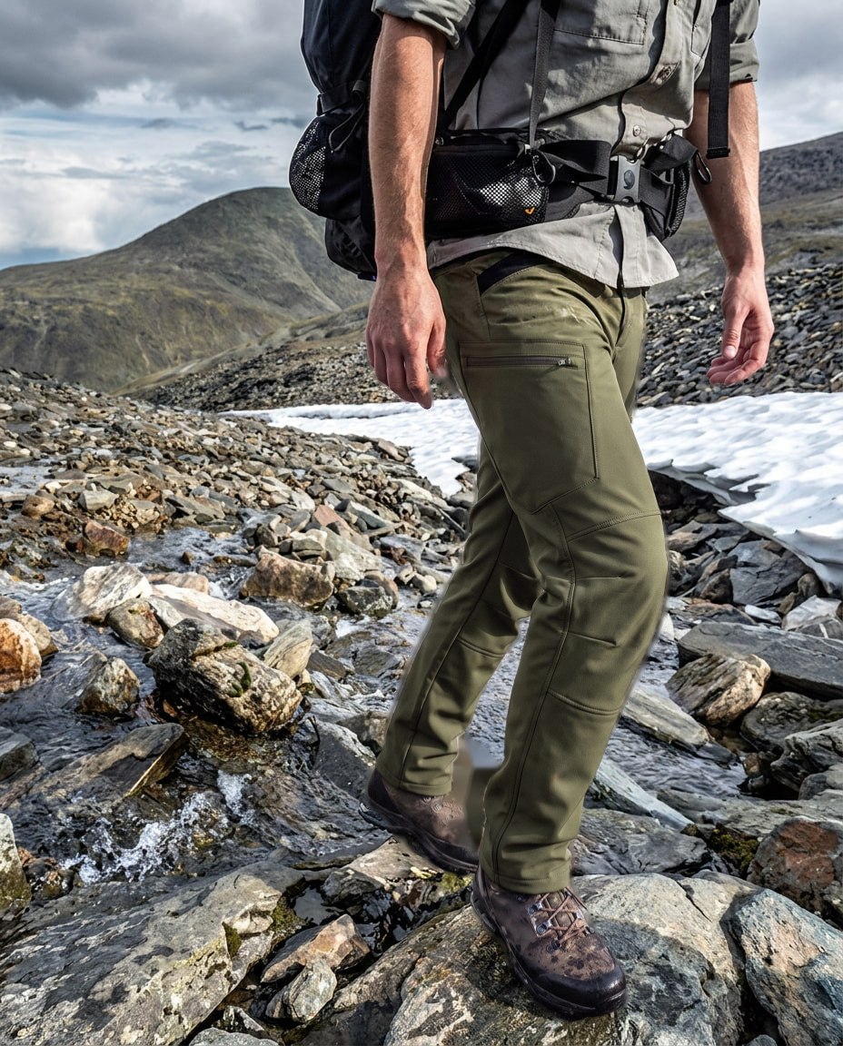 Hiker in olive green tactical cargo trousers on a rocky mountain path | Chaps London