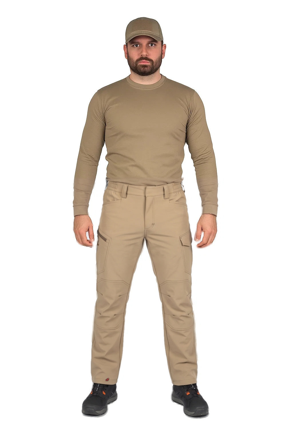 Man wearing khaki tactical cargo trousers with a matching top and cap | Chaps London