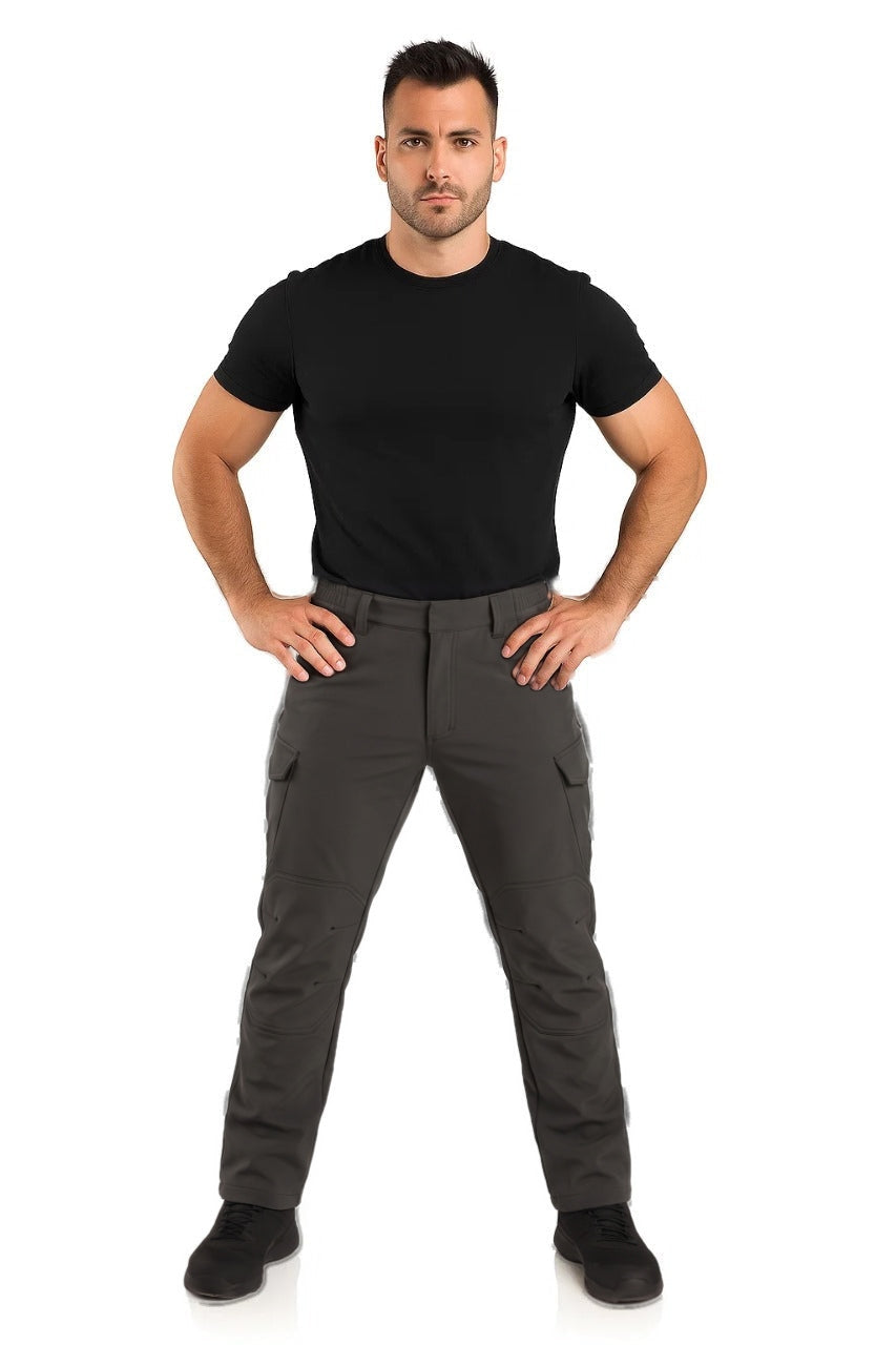Man wearing black tactical cargo trousers with a black T-shirt, front view | Chaps London