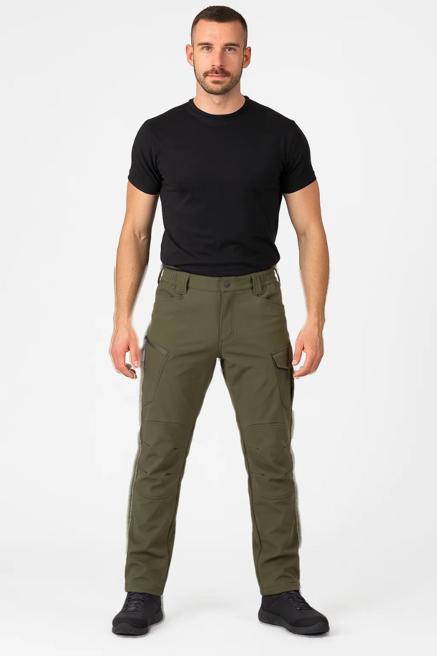 Man wearing olive green tactical cargo trousers with a black T-shirt, front view | Chaps London