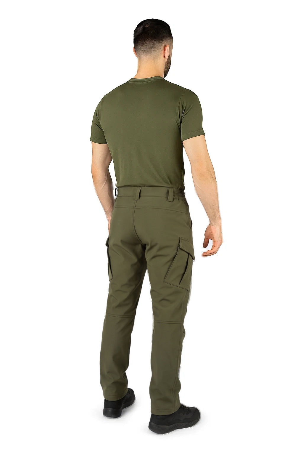 Man wearing olive green tactical cargo trousers, back view | Chaps London