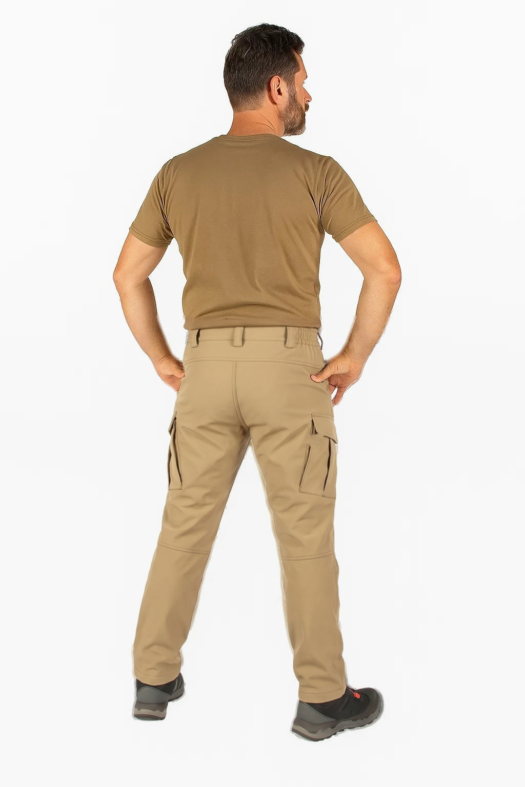 Man wearing khaki tactical cargo trousers, back view | Chaps London