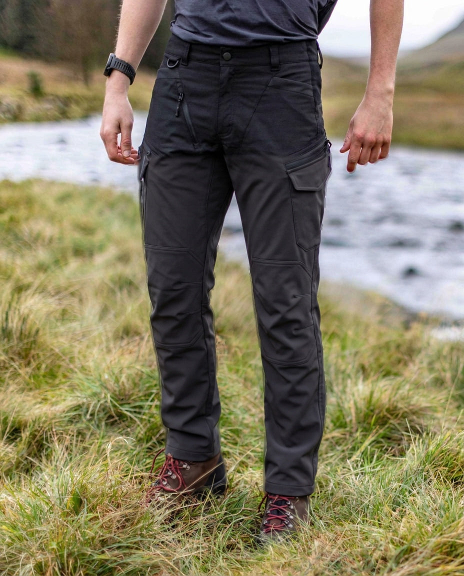 Man in black tactical cargo trousers standing by a river | Chaps London