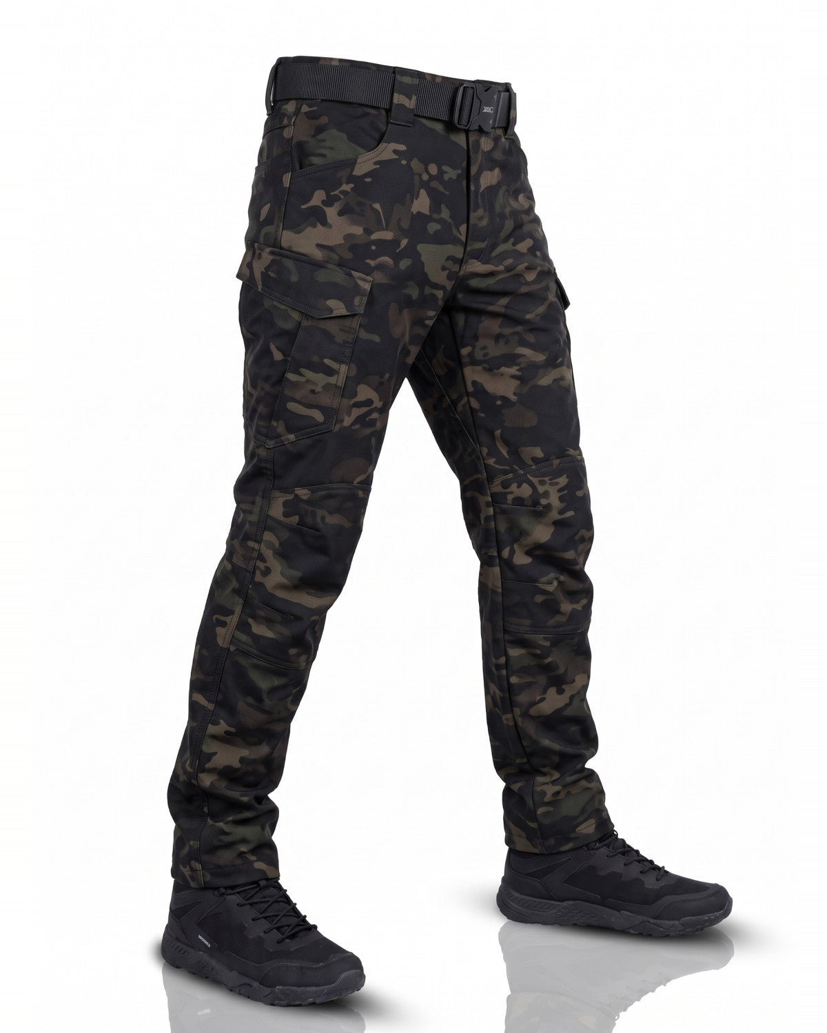 Men's dark camo tactical cargo trousers, three-quarter view | Chaps London
