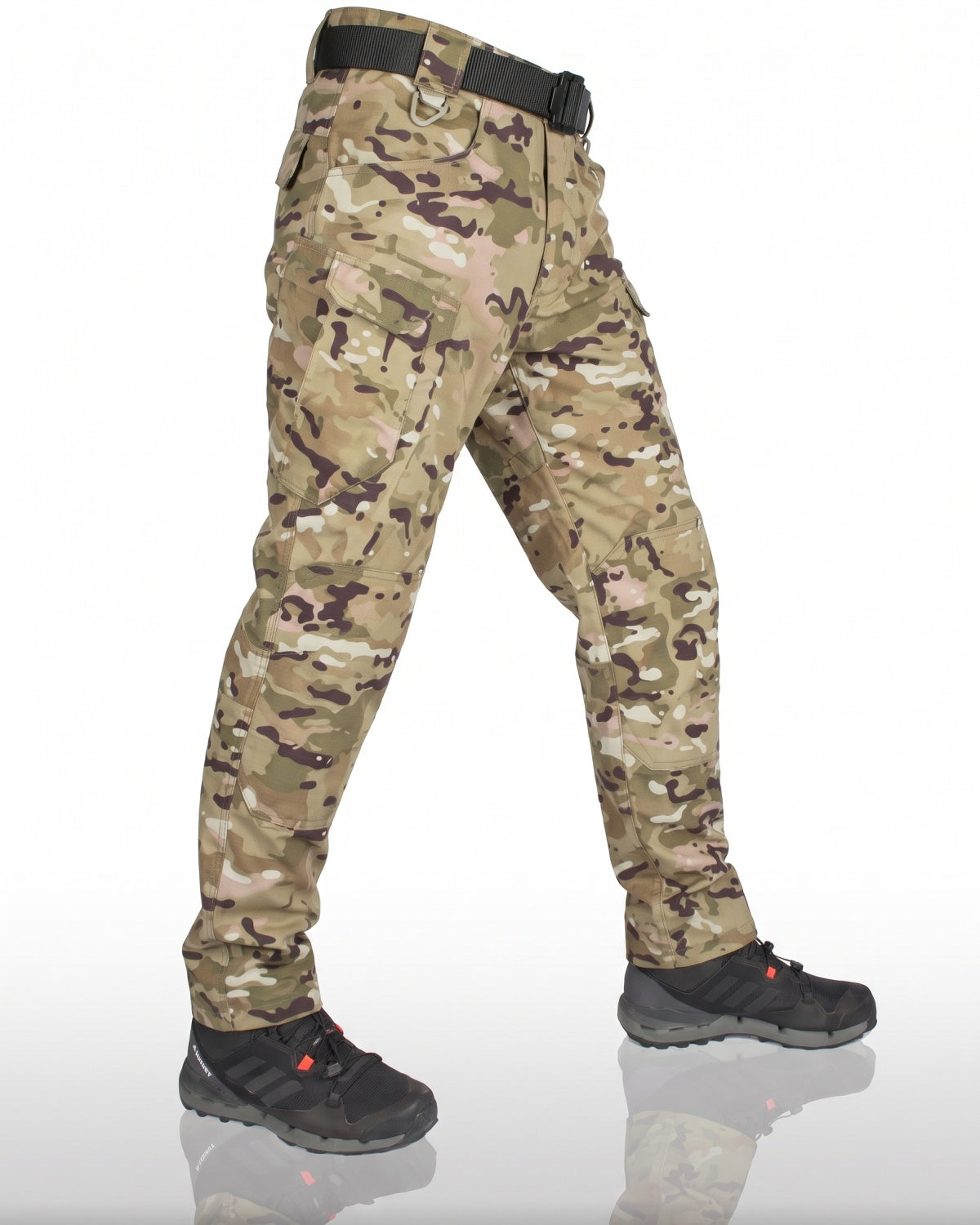 Men's camo tactical cargo trousers in a multicam pattern, three-quarter view | Chaps London