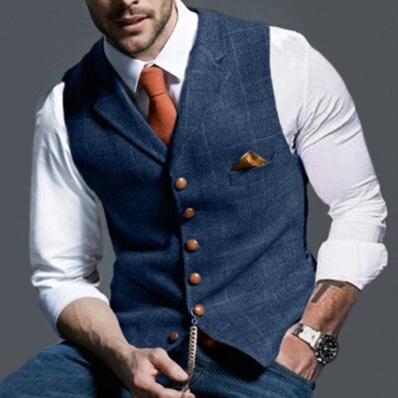 Men's Vest - Single Breasted - Sleeveless - Tweed Vest - Plaid Vest-Vest-Chaps London-Blue-S-Chaps London