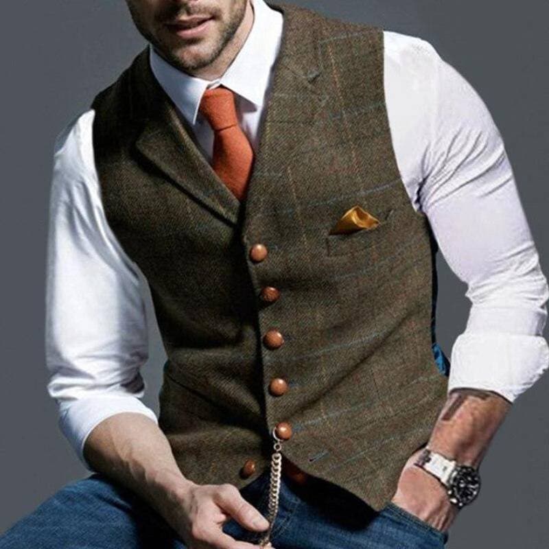 Men's Vest - Single Breasted - Sleeveless - Tweed Vest - Plaid Vest-Vest-Chaps London-Brown-S-Chaps London