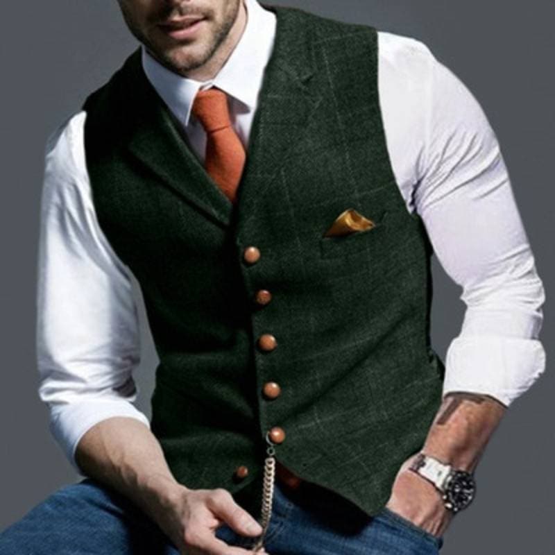 Men's Vest - Single Breasted - Sleeveless - Tweed Vest - Plaid Vest-Vest-Chaps London-Dark Green-S-Chaps London