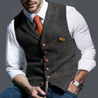 Men's Vest - Single Breasted - Sleeveless - Tweed Vest - Plaid Vest-Vest-Chaps London-Dark Grey-S-Chaps London