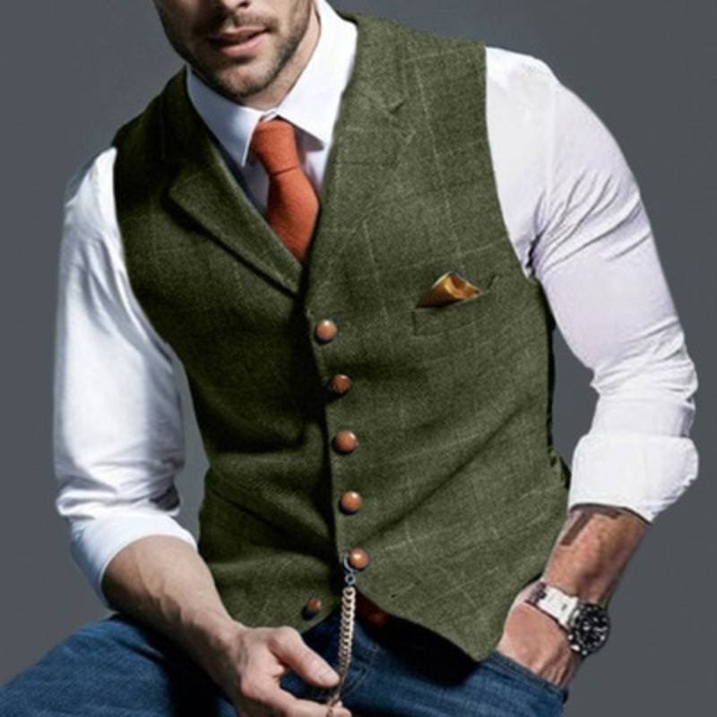 Men's Vest - Single Breasted - Sleeveless - Tweed Vest - Plaid Vest-Vest-Chaps London-Green-S-Chaps London