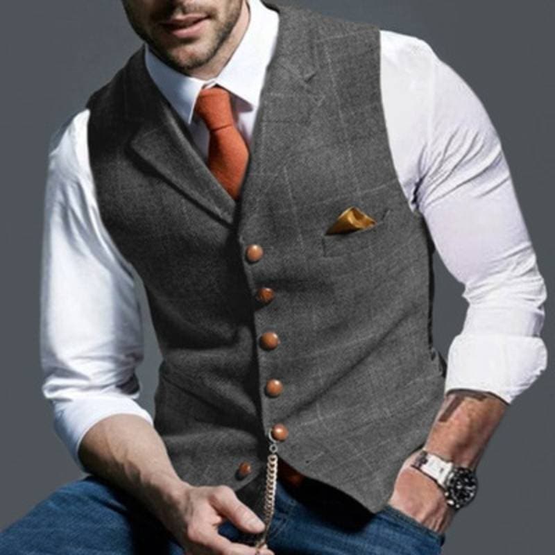 Men's Vest - Single Breasted - Sleeveless - Tweed Vest - Plaid Vest-Vest-Chaps London-Grey-S-Chaps London