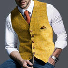 Men's Vest - Single Breasted - Sleeveless - Tweed Vest - Plaid Vest-Vest-Chaps London-Yellow-S-Chaps London