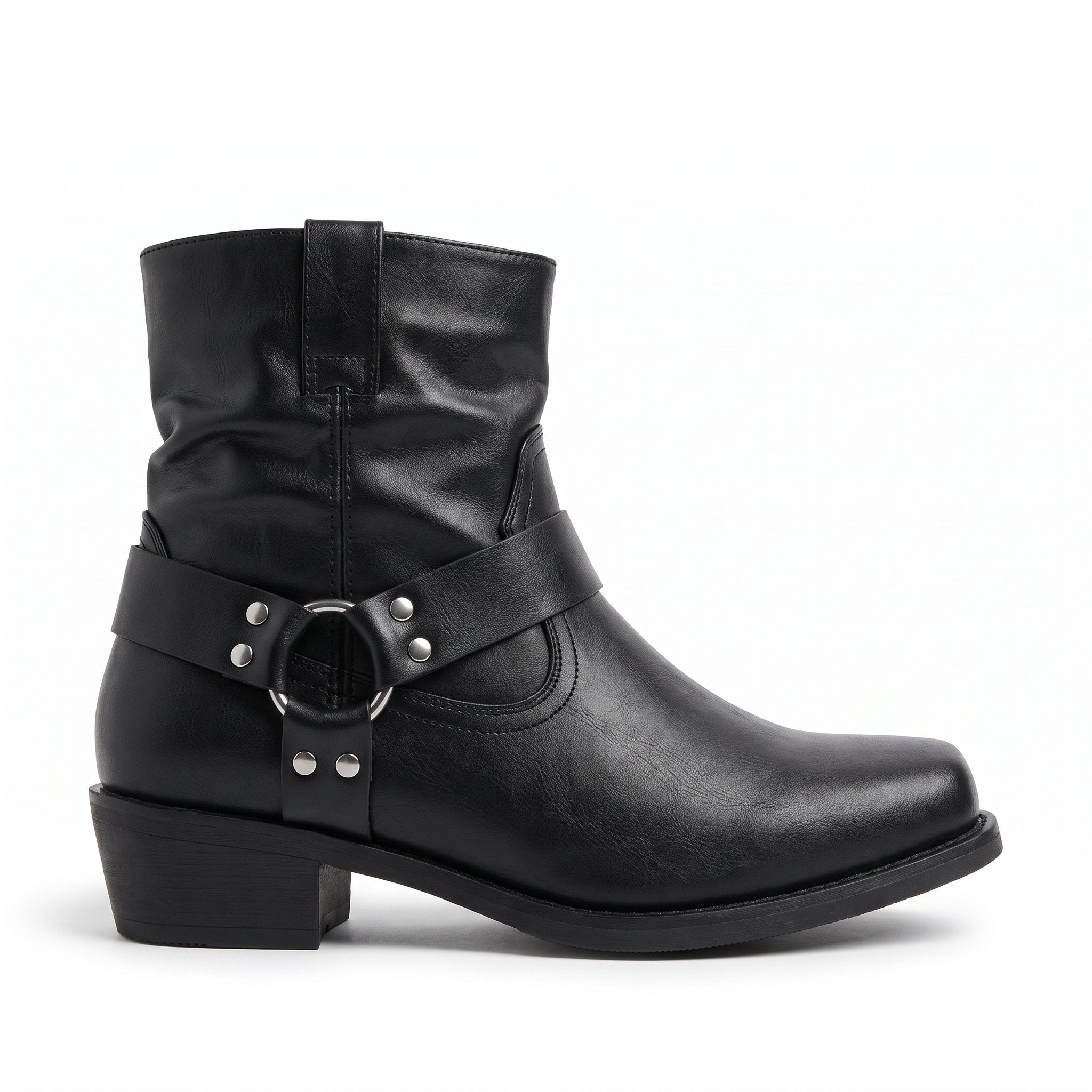 Black faux leather ankle western boot with harness strap and ring, side view | Chaps London