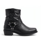 Black faux leather ankle western boot with harness strap and ring, side view | Chaps London