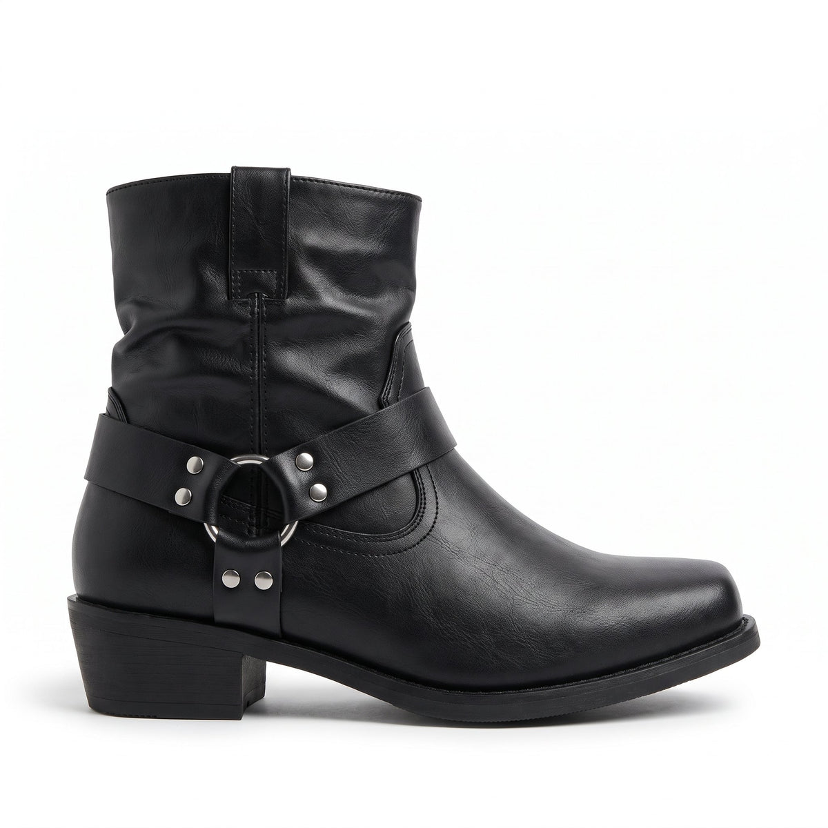 Black faux leather ankle western boot with harness strap and ring, side view | Chaps London