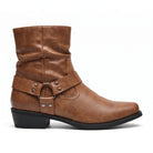 Brown faux leather ankle western boot with harness strap and ring, side view | Chaps London