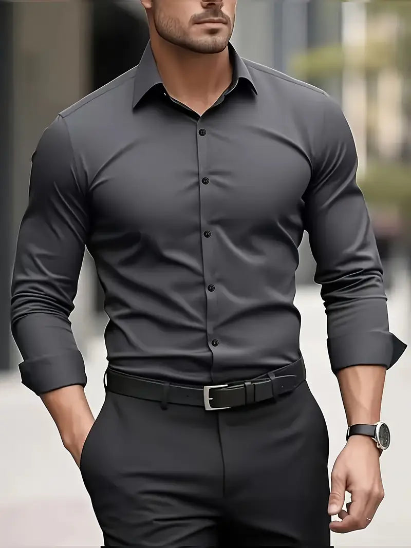 Non Iron Shirt | Wrinkle Free | Slim Fit | Button-Up Shirt | Men's Shirts-Men’s Dress Shirt-Chaps London-Dark Grey-XS-Chaps London
