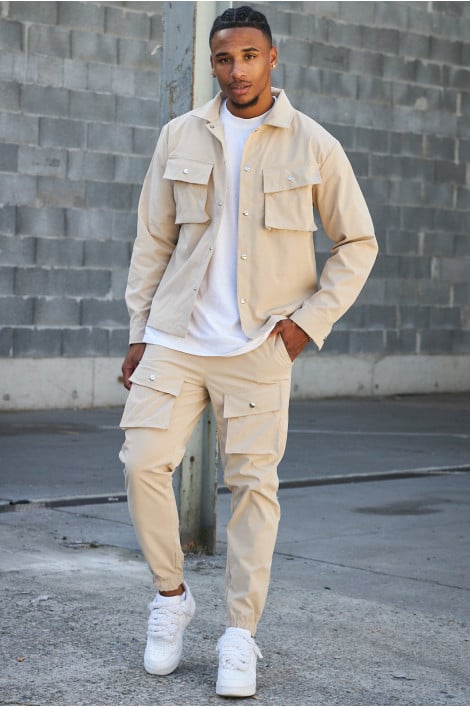 Overshirt - Men's Long Sleeve Button-Up Shirt with Breast Pockets-Chaps London-Beige-S-Chaps London