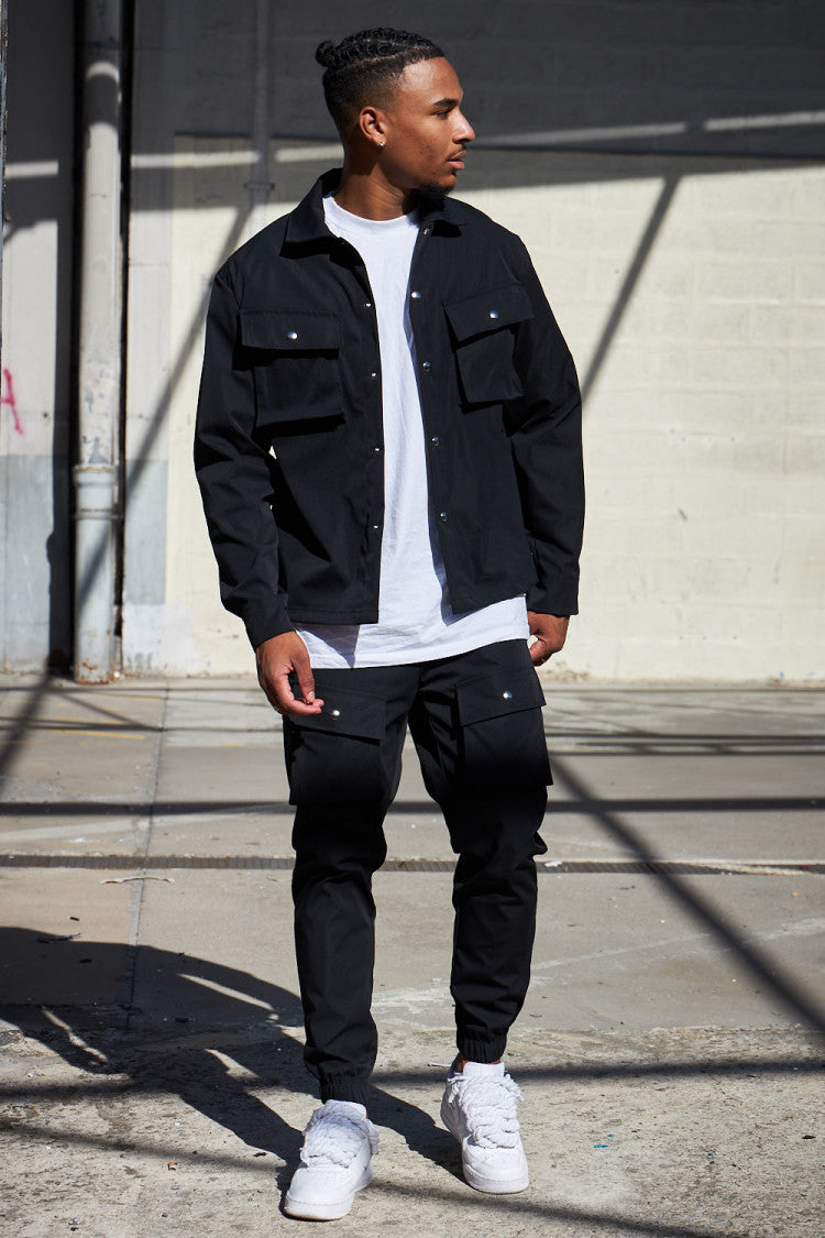 Overshirt - Men's Long Sleeve Button-Up Shirt with Breast Pockets-Chaps London-Black-S-Chaps London