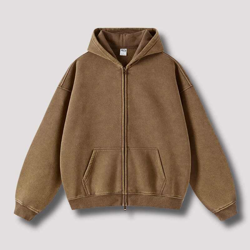 Oversized Hoodie - Washed Zip Up Men's Hoodie-Hoodies-Chaps London-Beige-XS-Chaps London
