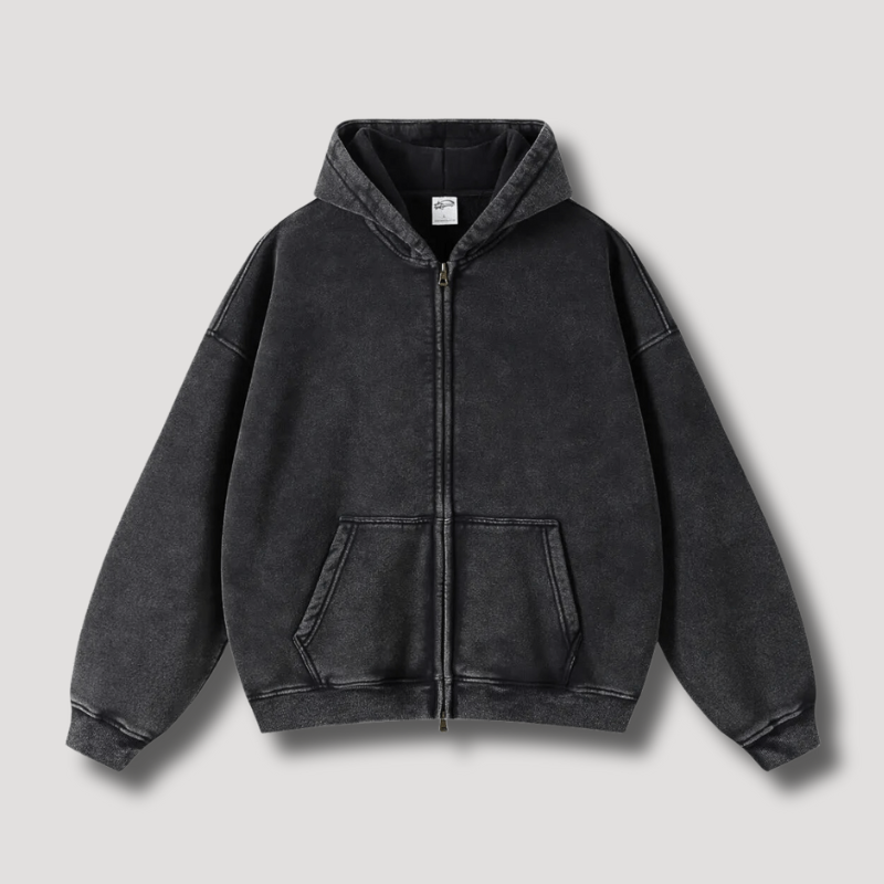 Oversized Hoodie - Washed Zip Up Men's Hoodie-Hoodies-Chaps London-Black-XS-Chaps London
