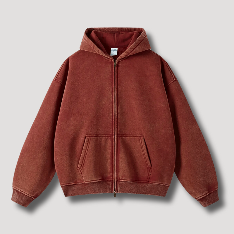 Oversized Hoodie - Washed Zip Up Men's Hoodie-Hoodies-Chaps London-Red-XS-Chaps London