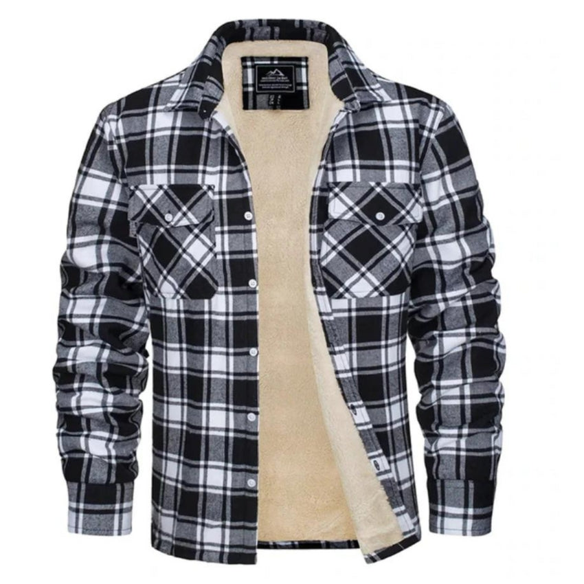 Plaid Overshirt - Men's Button-Up Fleece Lined Shirt Jacket for Winter-Shirts-Chaps London-Black-S-Chaps London