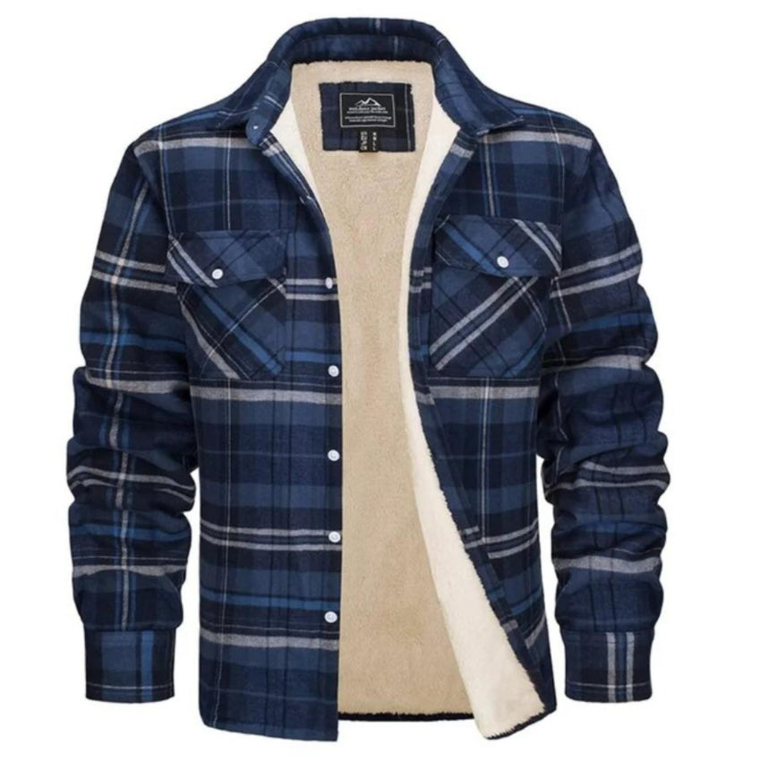 Plaid Overshirt - Men's Button-Up Fleece Lined Shirt Jacket for Winter-Shirts-Chaps London-Blue and Gray-S-Chaps London
