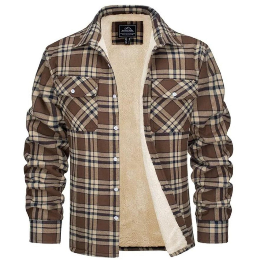 Plaid Overshirt - Men's Button-Up Fleece Lined Shirt Jacket for Winter-Shirts-Chaps London-Khaki-S-Chaps London