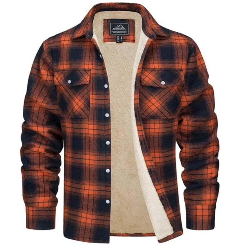 Plaid Overshirt - Men's Button-Up Fleece Lined Shirt Jacket for Winter-Shirts-Chaps London-Orange-S-Chaps London